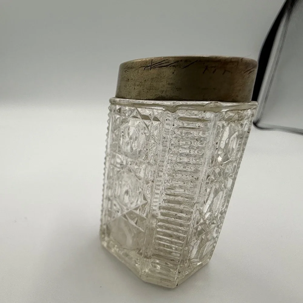 Vintage Antique Cut Glass Vanity Dresser Pot Jar Silver Tone Victorian Starburst